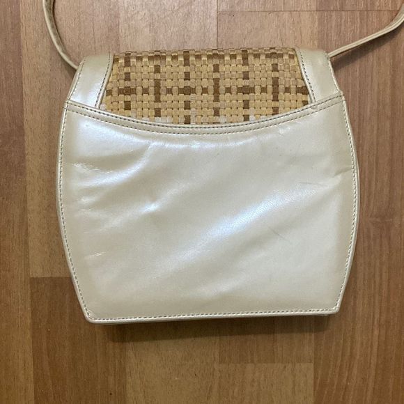 Vintage Theodora Cream Leather and Tan Canvas Accent Crossbody Bag Made in USA - Picture 5 of 9